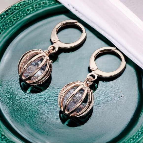 NEW Rose Goldtone Caged CZ Crystal Diamonds Dangle Drop Earrings - Picture 10 of 13